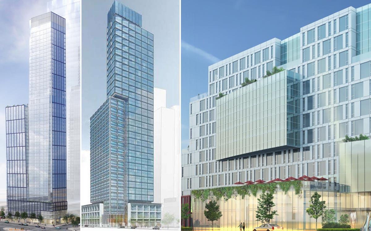 From left: renderings of 555 West 38th Street, 601 West 29th Street, and 137-61 Northern Boulevard in Queens (Credit: CityRealty and Century Development Group)