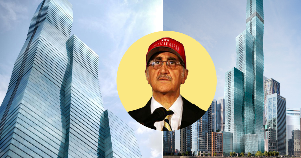 Triple Five Group chairman Nader Ghermezian and renderings of Vista Tower (Credit: Vista Tower Chicago)