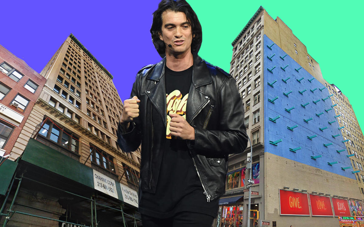 From left: 50 West 28th Street, Adam Neumann, and 599 Broadway (Credit: Google Maps and Getty Images)