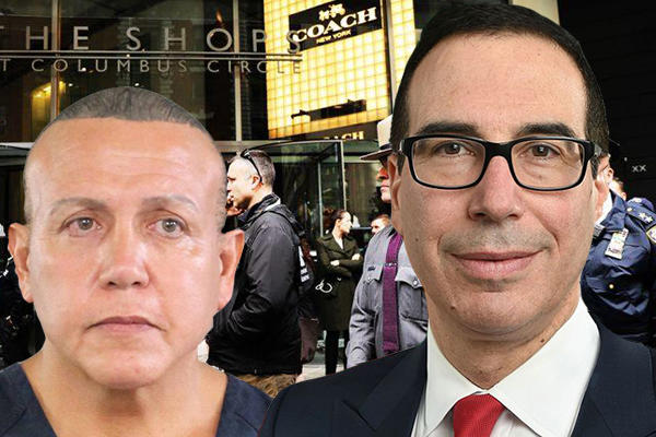 Cesar Sayoc and Steven Mnuchin (Credit from left: Broward County Sheriff's Office, Getty Images, Department of Treasury)