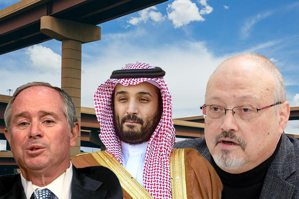 From left: Steve Schwarzman, Crown Prince Mohammed bin Salman, Jamal Khashoggi. (Credit: Getty Images, Npangarkar/WMF, DoD photo by Glenn Fawcett, POMED)