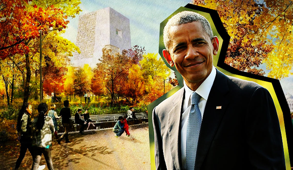 A view of the Obama Presidential Center campus, and Barack Obama (Credit: Obama Foundation, Getty Images)