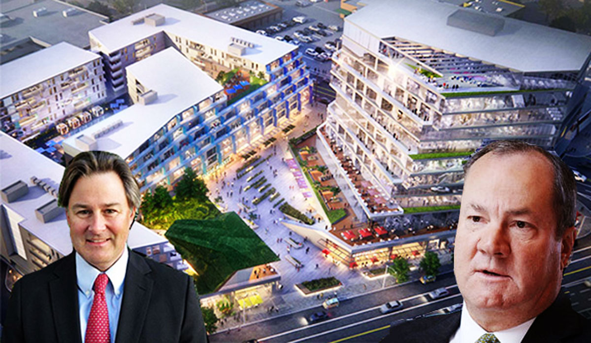 Dan Martin and Hines CEO Jeffrey Hines with a rendering of Martin Expo Town Center (Credit: Gensler)