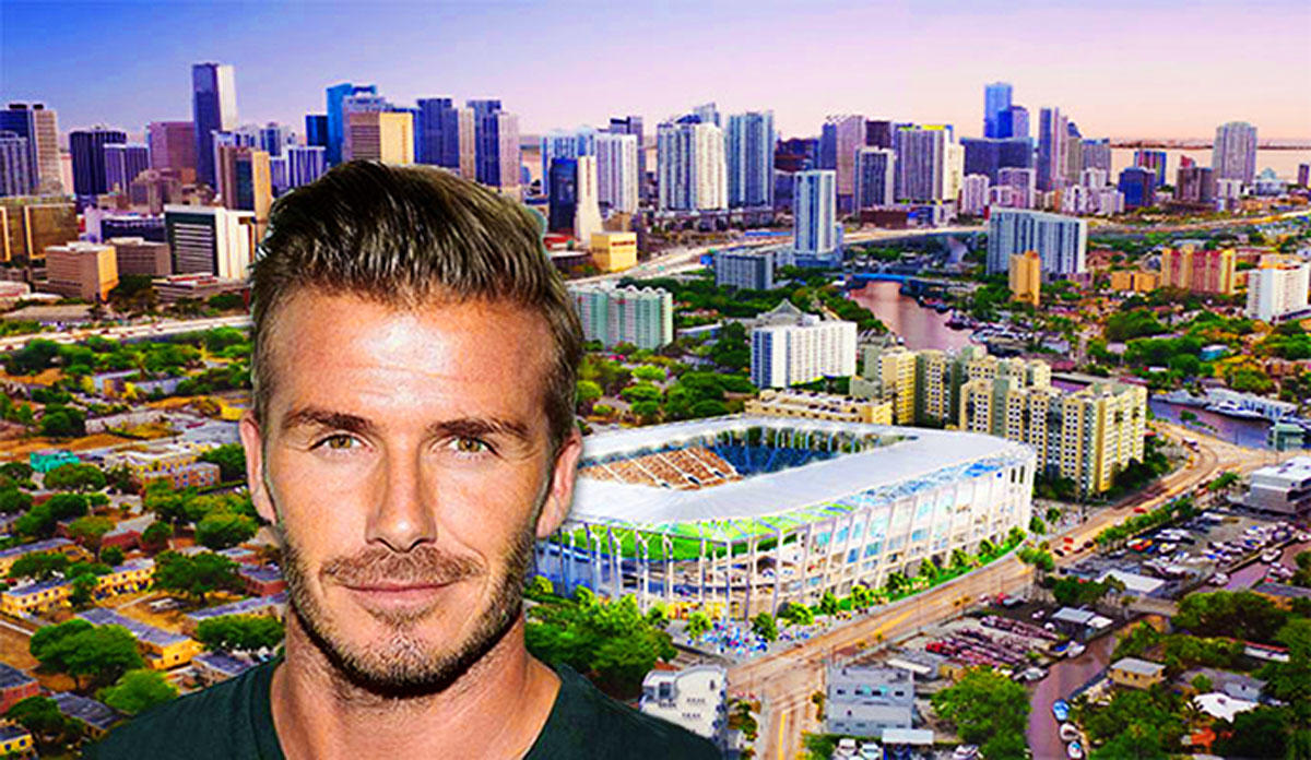 David Beckham and a rendering of the Overtown stadium
