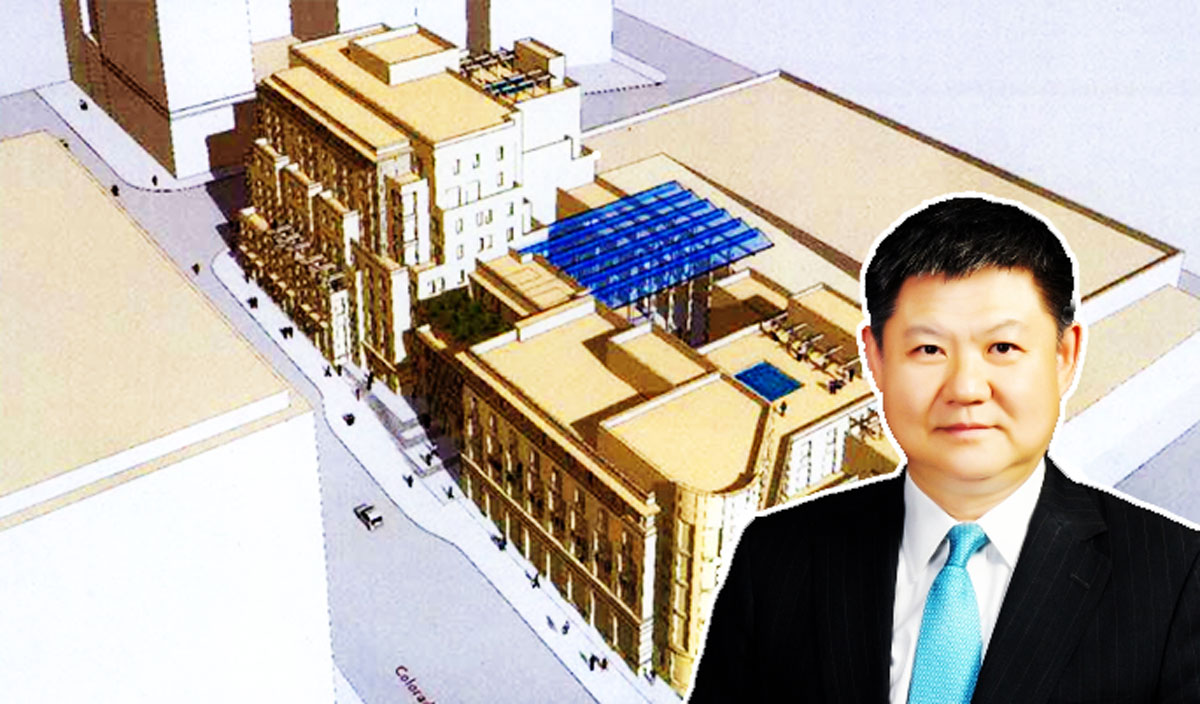 Developer James Li and a rendering of the proposed project at 150 E. Colorado Boulevard