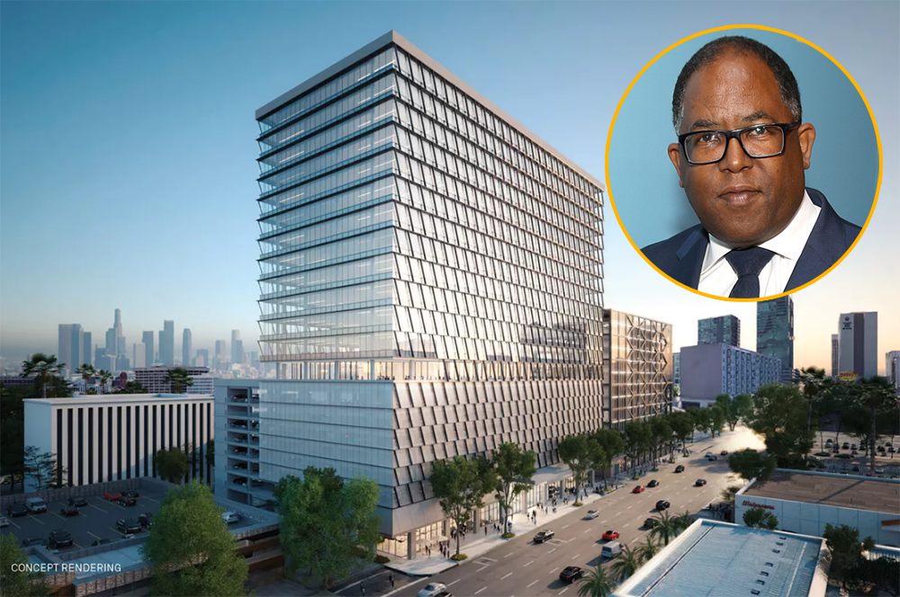 A rendering of the Gensler-designed office building and L.A. County supervisor Mark Ridley-Thomas (Credit: Gensler, Getty Images)