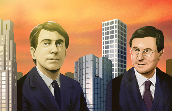 Martin Fräss-Ehrfeld (left) and Christopher Hohn with (from left) 30 Park Place, 35 Hudson Yards and 432 Park Avenue (Illustration by Chris Koehler)