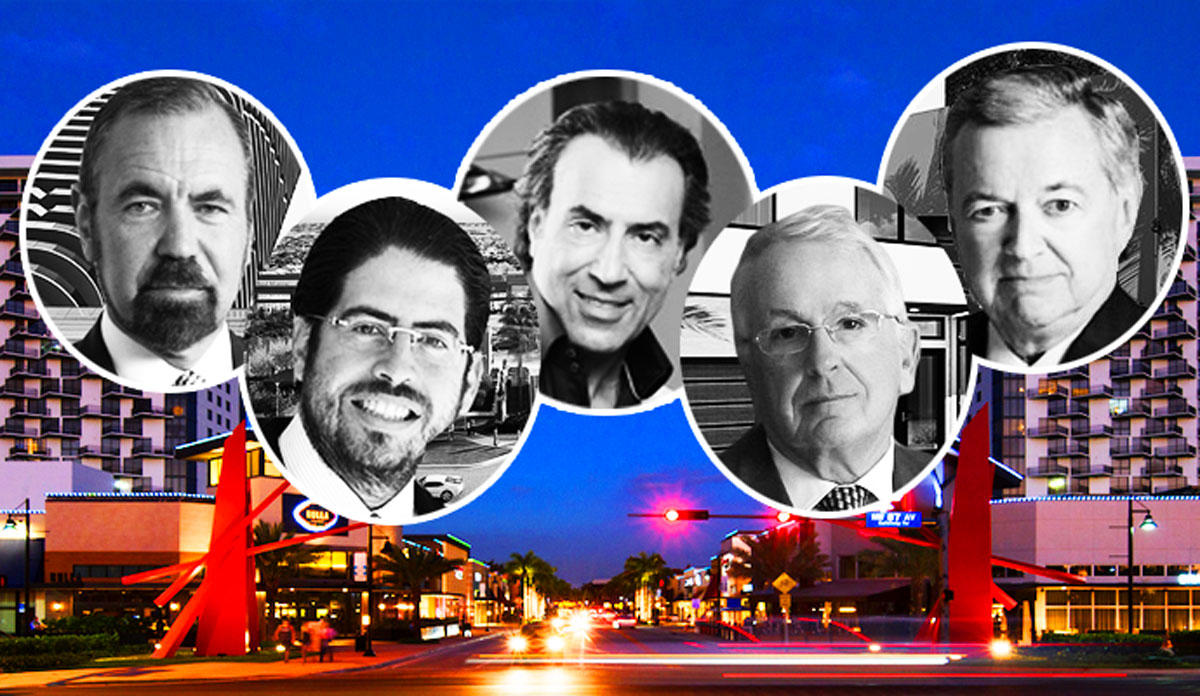 From left to right: Jorge Perez, David Martin, Masoud Shojee, Jim Carr, Armando Codina in front of the Downtown Doral
