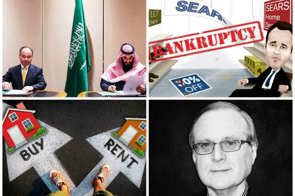 <em>Clockwise from top left: Softbank share prices sink as Saudi Arabia is implicated in Jamal Khashoggi’s death, Sears files for bankruptcy protection, Microsoft co-founder Paul Allen dies at 65, and Americans find renting a home to be more affordable than buying one, report says.</em>