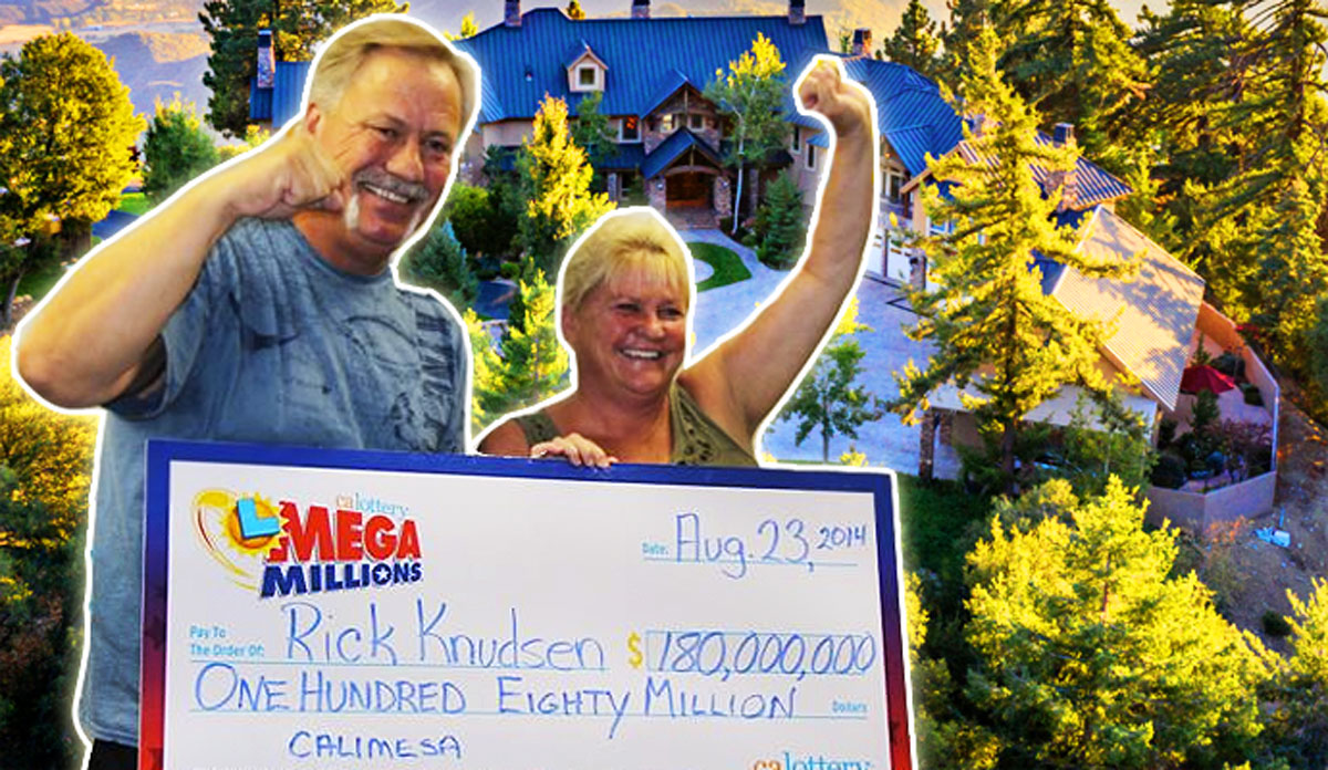 Rick and Lorie Knudsen signal their delight at their $180 million dollar mega millions jackpot win.