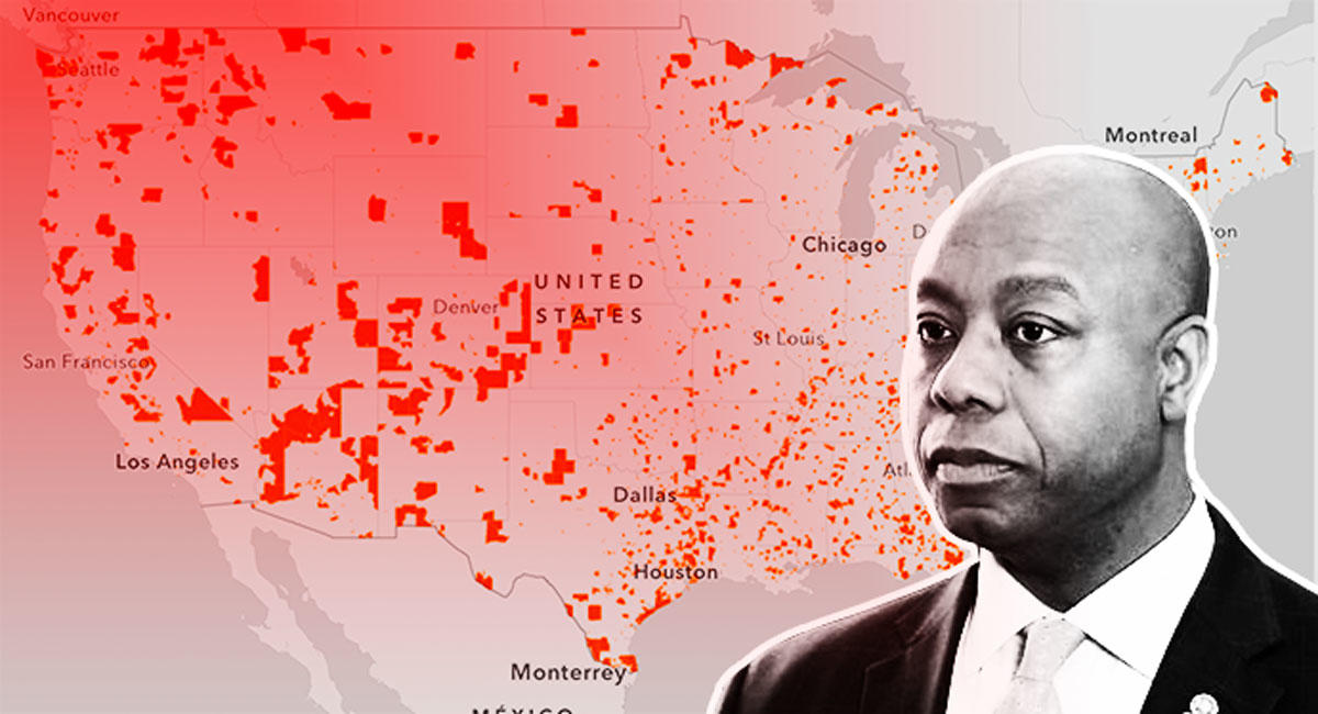 Opportunity Zones map and Tim Scott (Credit: Economic Innovation Group)