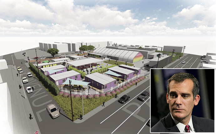 Los Angeles Mayor Eric Garcetti and a rendering of the proposed temporary shelter in Venice