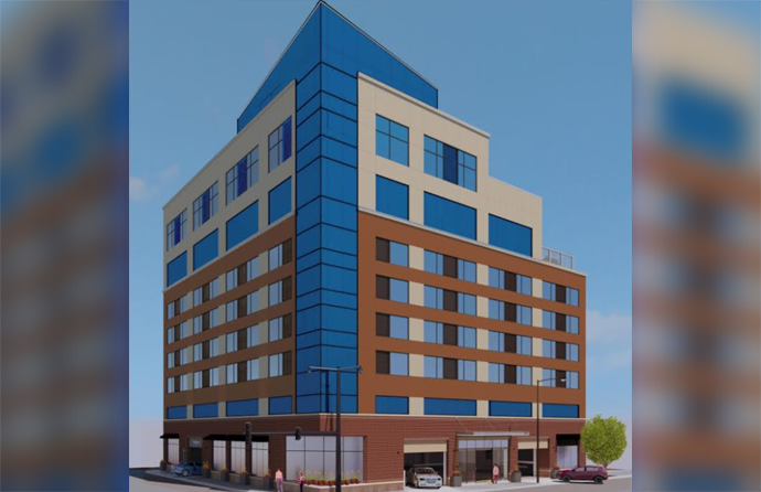 A rendering of the 8-story Hyatt in Wicker Place (Credit: Legat Architects)
