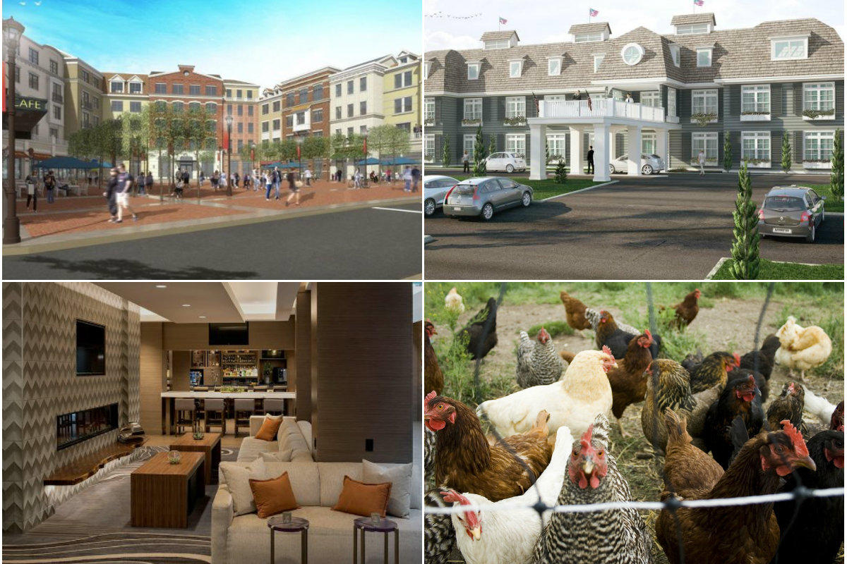 Clockwise from top left: RXR Realty scored a $53.9M loaned for Village Square project in Glen Cove, Seaside inn development project imperiled by Bayville mayor, Islip locals say proposed slaughterhouse's smells would decrease area home values and Melville Marriott finishes second part of $12M renovation.
