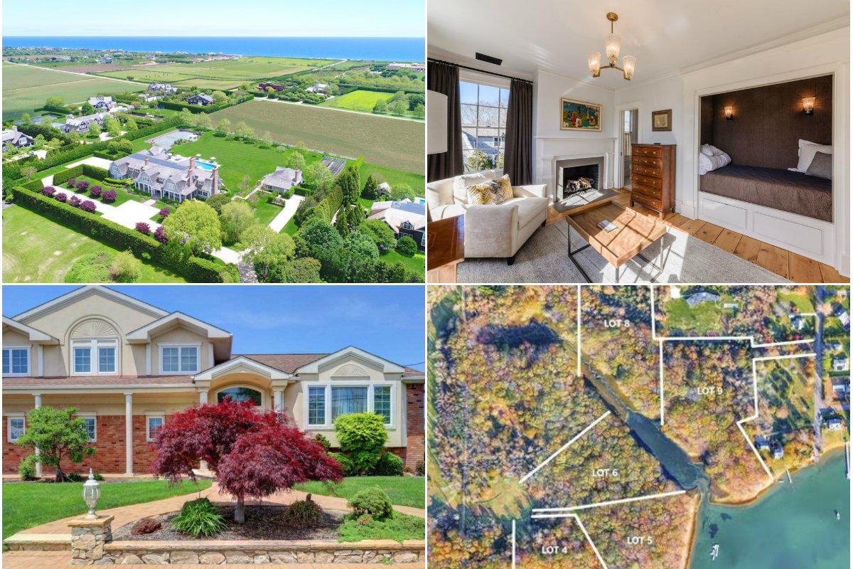 Clockwise from top left: Price on 4.4-acre Sagaponack estate drops below $20M, Former whaler's home in Sag Harbor lists for $6.2M, 20-acre waterfront compound on Shelter Island lists for $14.2M and Home sales slow throughout Suffolk County.