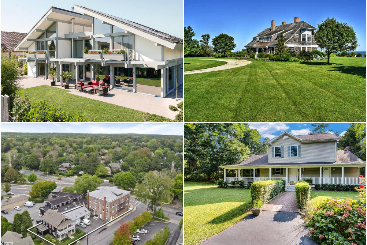 Clockwise from top left: Buy prefab 'Butterfly' home in Sagaponack for $14.94M or just its empty plot for $8.4M, $10M Orient Point compound finds buyer after more than a year on market, number of South Fork home sales drop in Q3 and 3-building East Hampton property on the market for $8.95M.