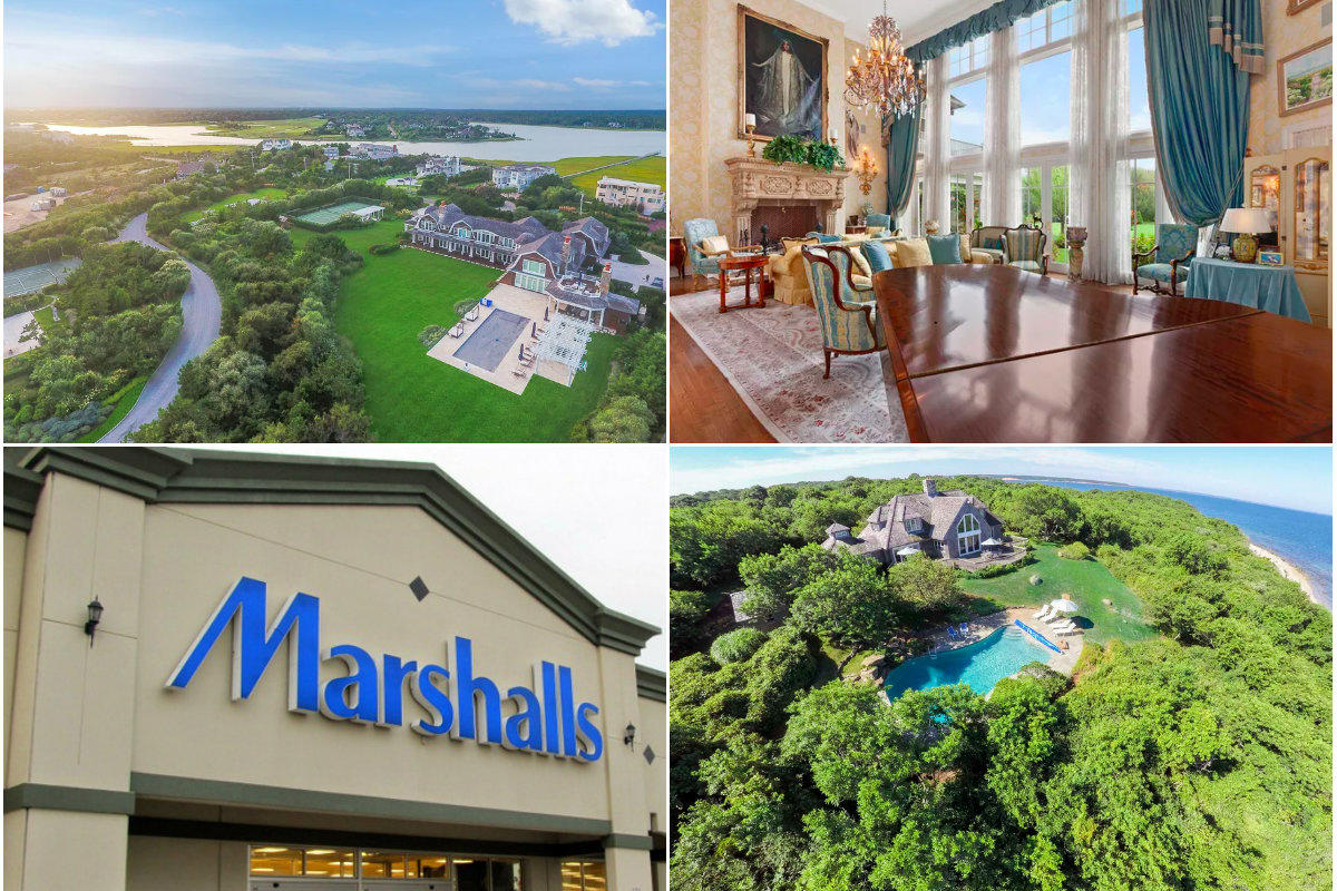 Clockwise from top left: Quogue home named 'Sand Castle' lists for just shy of $20M , Southampton mansion on six acres lists for $37M, Waterfront Montauk home finds buyer after listing for more than $5M and Marshalls a step closer to opening in Bridgehampton after Southampton board vote.