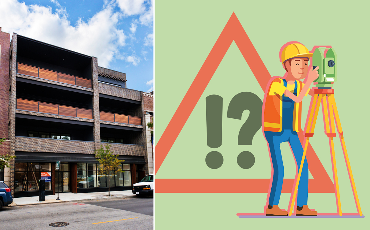 1342 West Belmont Avenue and an illustration of a surveyor (Credit: Lowe Group Chicago and iStock)