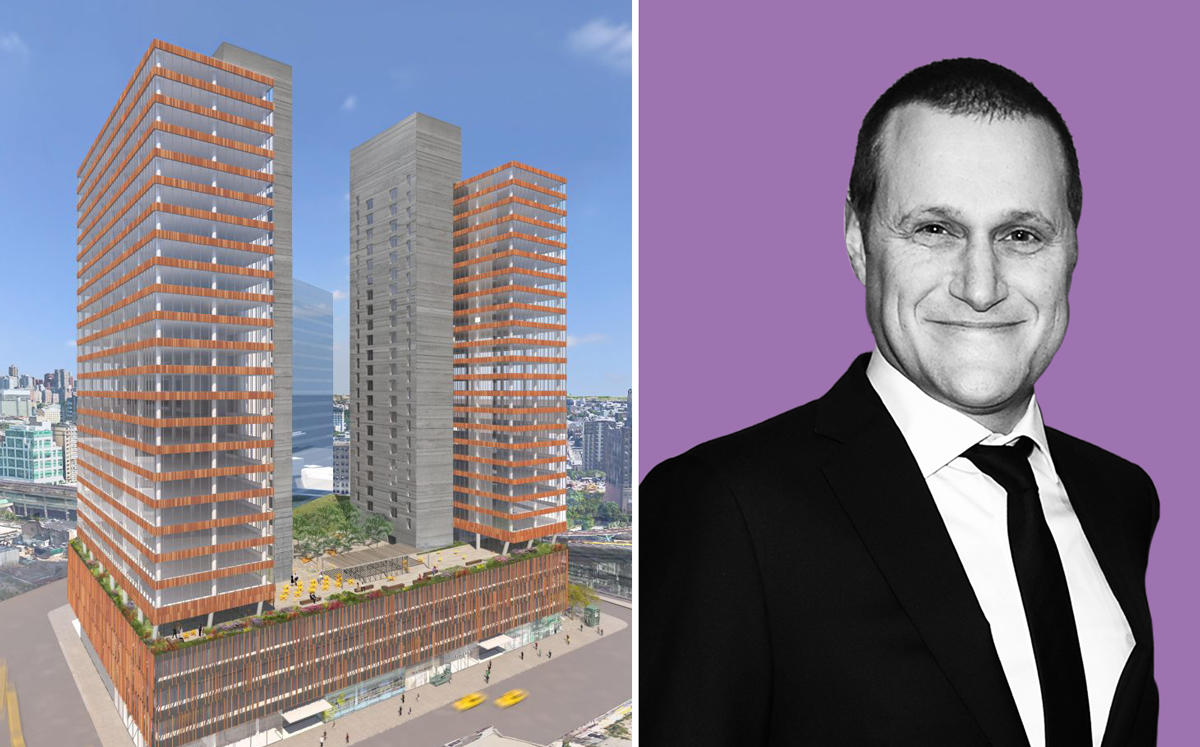 A rendering of 28-10 Queens Plaza South and Rob Speyer (Credit: Getty Images)