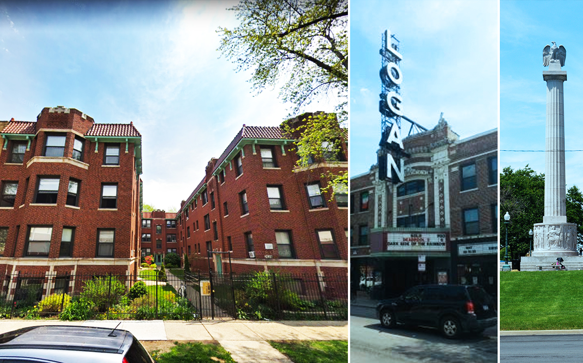 From left: 2639-2645 North Spaulding Avenue, the Logan Theatre, and Logan Square monument (Credit: Google Maps)