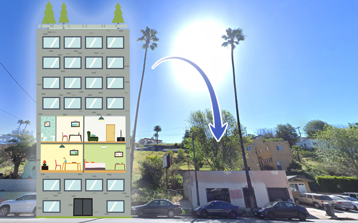 Site of proposed 77-unit project at 1275 W. Sunset Boulevard (Credit: Google Maps and iStock)