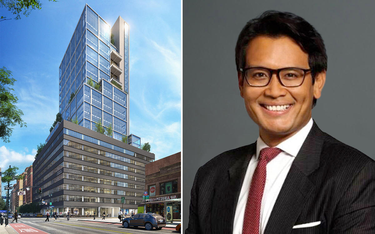 A rendering of 441 Ninth Avenue and Cove Property Group's Kevin Hoo (Credit: Cove PG)