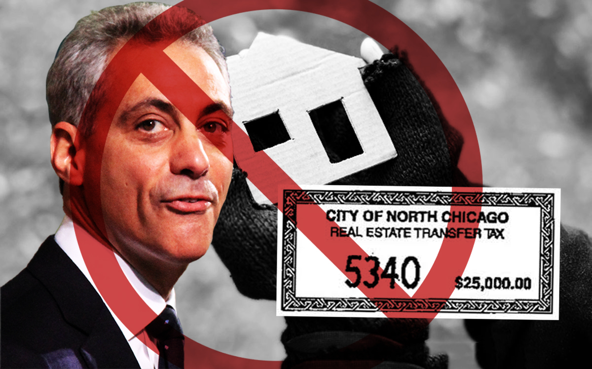 Mayor Rahm Emanuel and a real estate transfer tax stamp (Credit: Daniel X. O'Neil via Flickr and iStock)