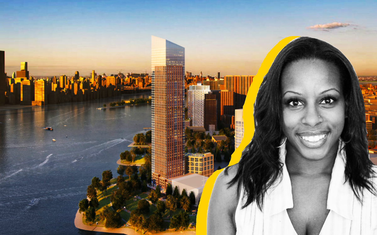Goldman Sach's Margaret Anadu and a rendering of Hunter’s Point South Proposal (Credit: Handel Architects)
