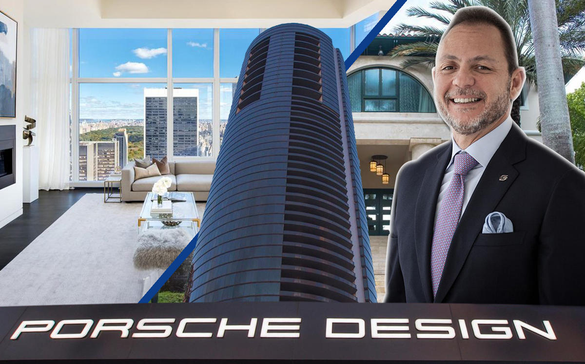 From left: 20 West 53rd Street in New York, Porsche Design Tower, 144 Isla Dorada Blvd in Miami, and Raúl Gorrín (Credit: Redfin, Porsche, and Wikipedia)