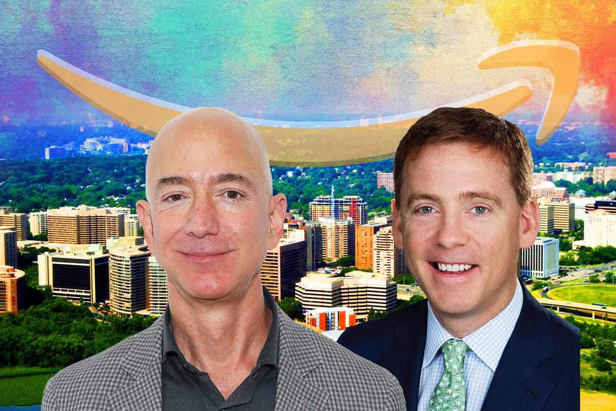Jeff Bezos and Matthew Kelly, with Crystal City (Credit: JBG Smith, Getty Images, and iStock)