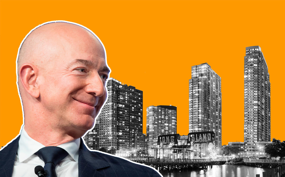 Jeff Bezos and Long Island City (Credit: Getty Images and Wikipedia)