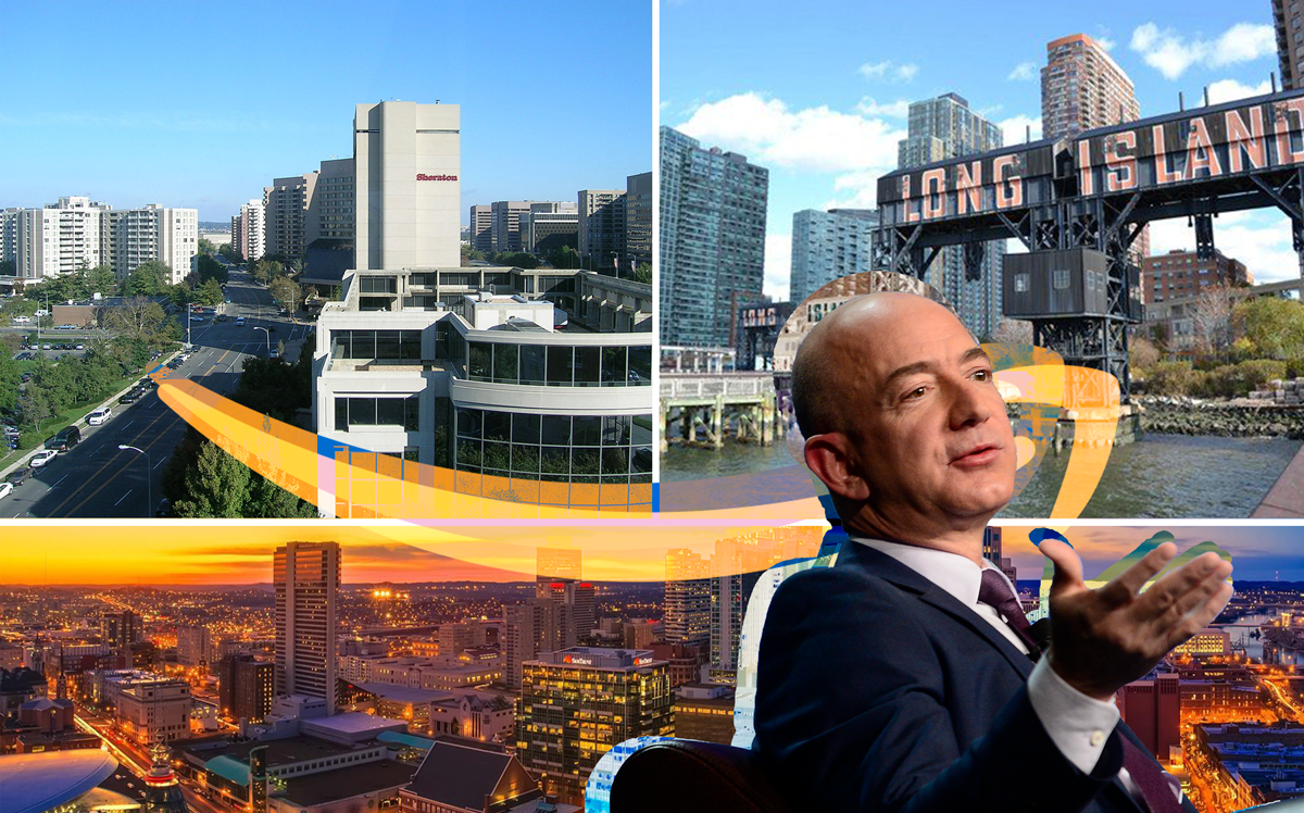 Clockwise from top left: Crystal City, Long Island City, Downtown Nashville, and Jeff Bezos (Credit: Wikipedia, Getty Images, and Nashville Guru)