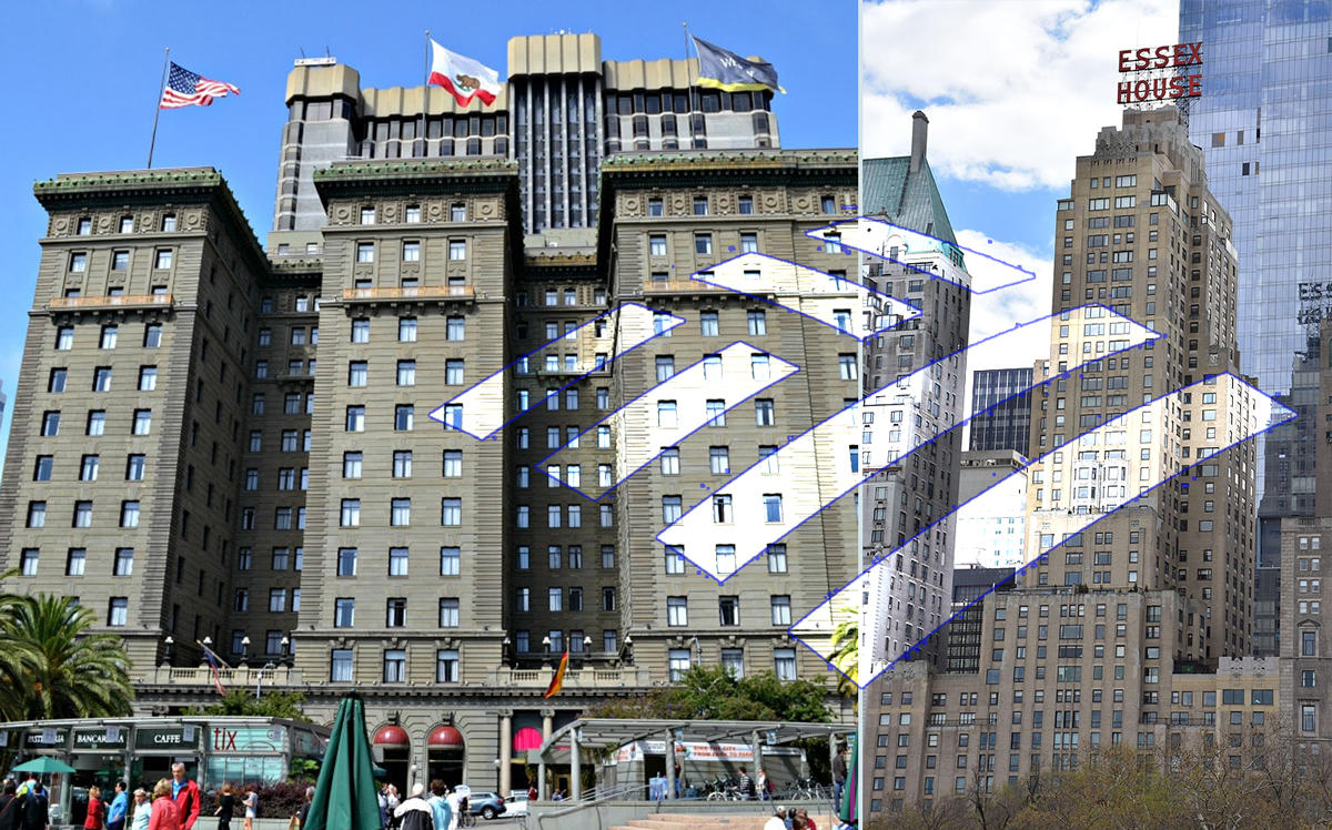 From left: Westin Saint Francis Hotel in San Francisco and JW Marriott Essex House in New York (Credit: Ciao Bambino and Wikipedia)