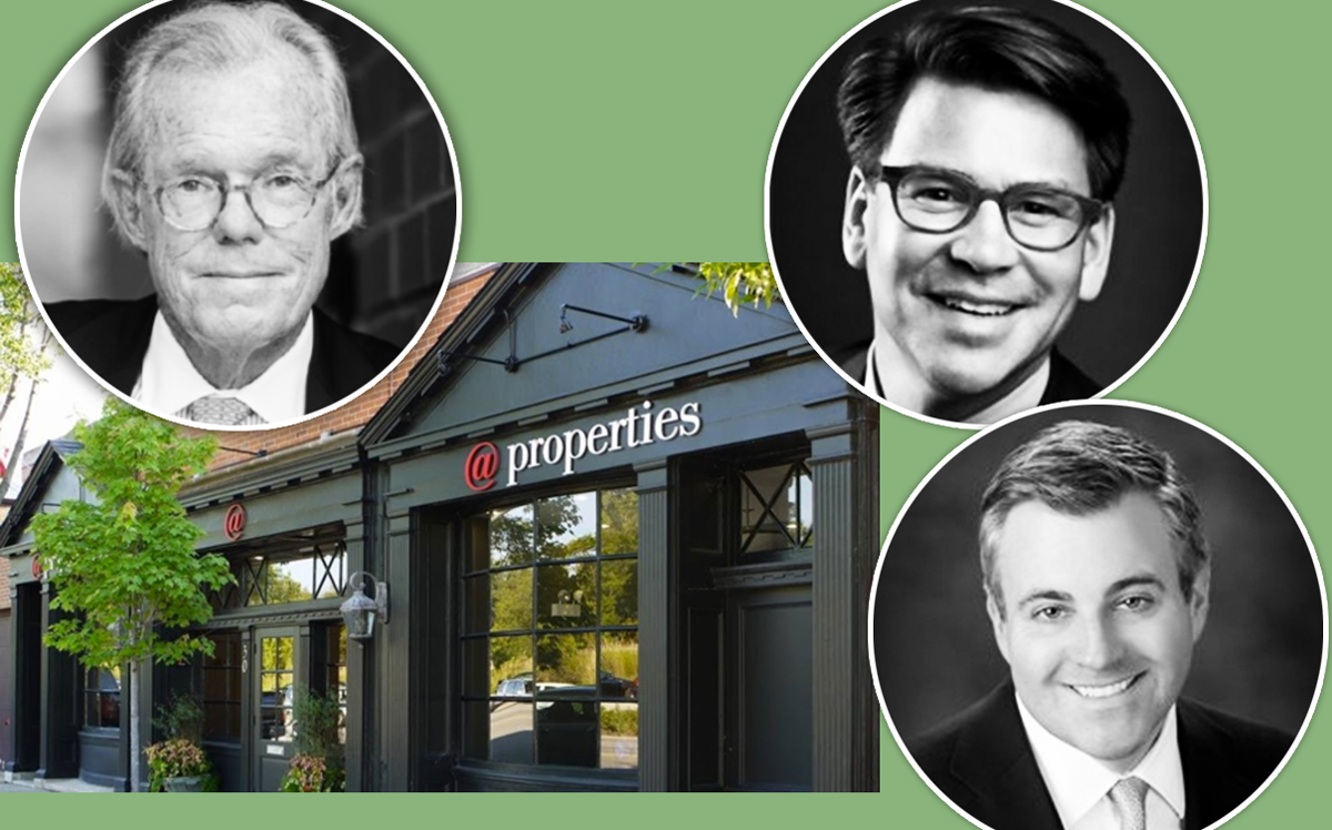 Clockwise from top left: Quad-C chairman Terry Daniels, @Properties co-founders Thaddeus Wong and Michael Golden, and @Properties offices in Winnetka (Credit: @properties and Quad-C)