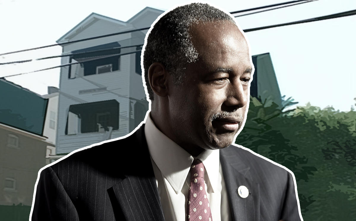 Ben Carson and the Infill Apartments at 73 Westland Street in Hartford, Connecticut (Credit: Getty Images and Trulia)