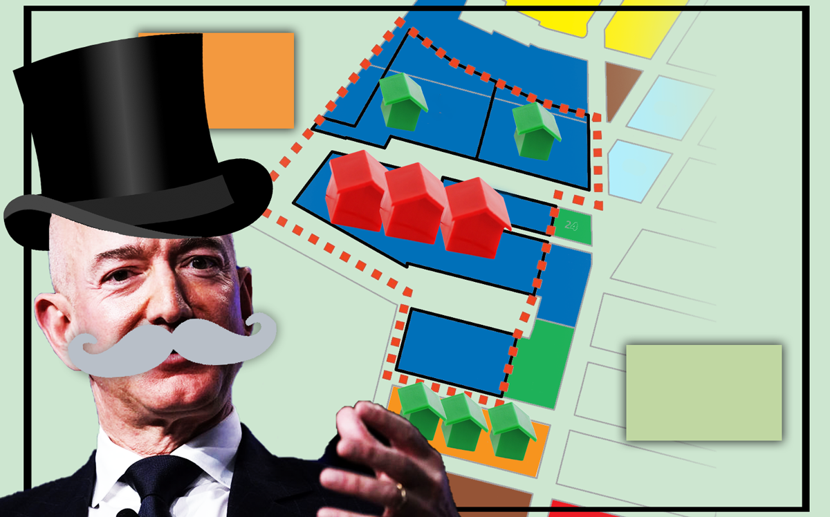 Jeff Bezos and a monopoly version of the Long Island City site (Credit: Getty Images and iStock)
