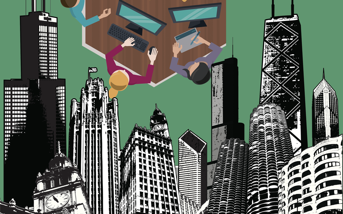 Illustration of the Chicago office buildings with employees (Credit: iStock)