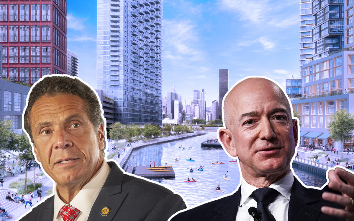 Governor Andrew Cuomo and Amazon CEO Jeff Bezos with renderings of Anable Basin (Credit: Getty Images and WXY)