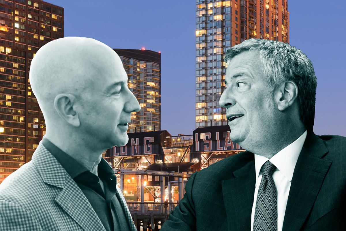 Jeff Bezos and Mayor Bill de Blasio (Credit: Getty Images and Wikipedia)