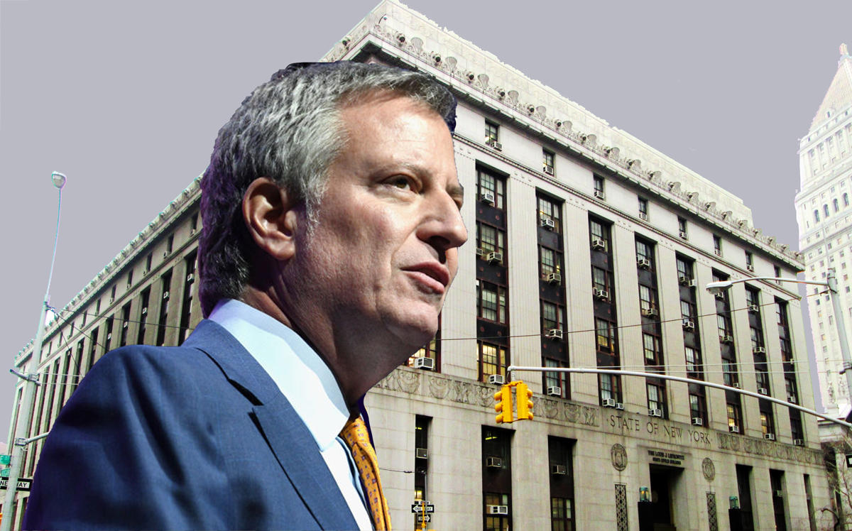 80 Centre St and Bill de Blasio (Credit: Wikipedia and Getty Images)