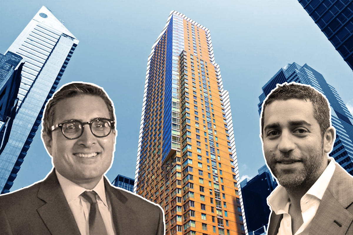 From left: GreenOak’s Sonny Kalsi, The Biltmore tower at 271 West 47th Street, and Slate’s Martin Nussbaum (Credit: GreenOak and NY Nesting)