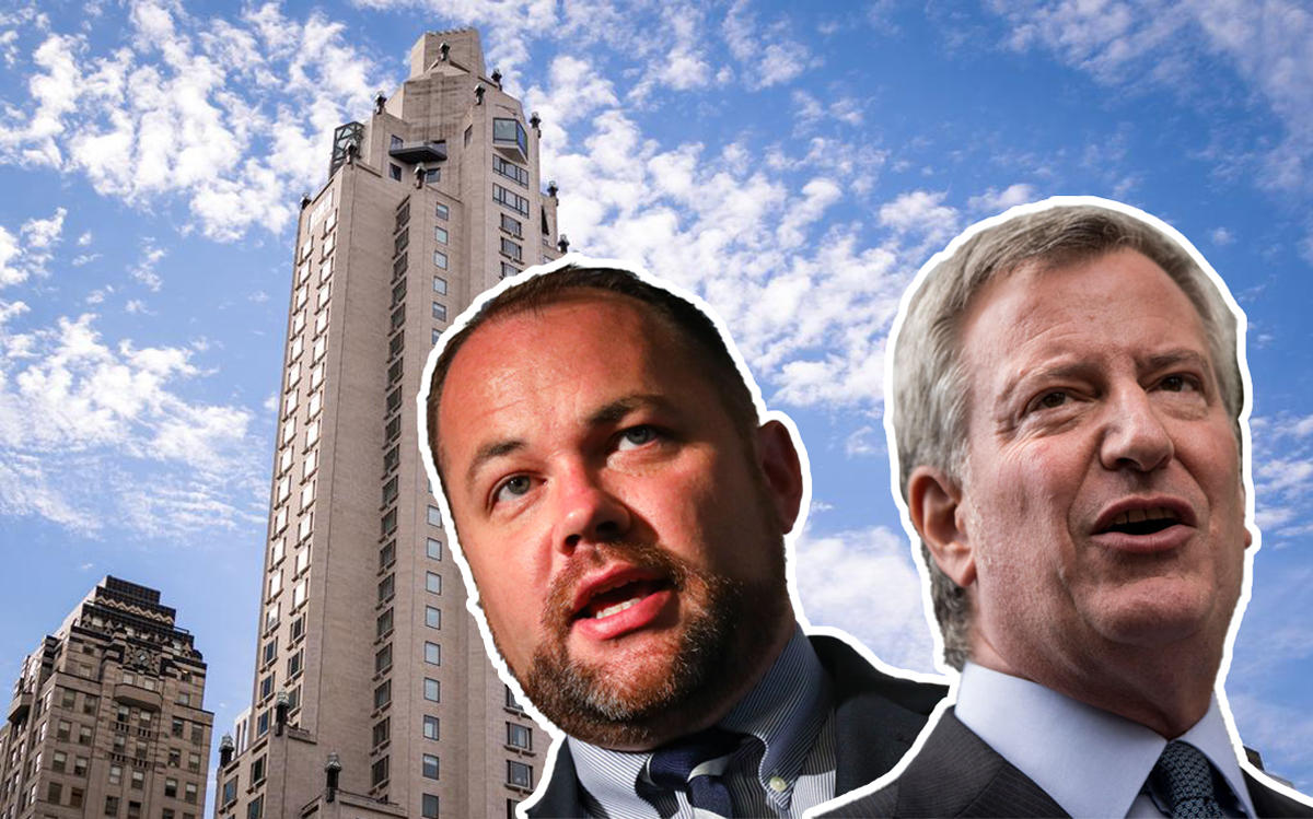 Corey Johnson and Bill De Blasio with the Four Seasons Hotel at 57 East 57th Street (Credit: Getty Images)