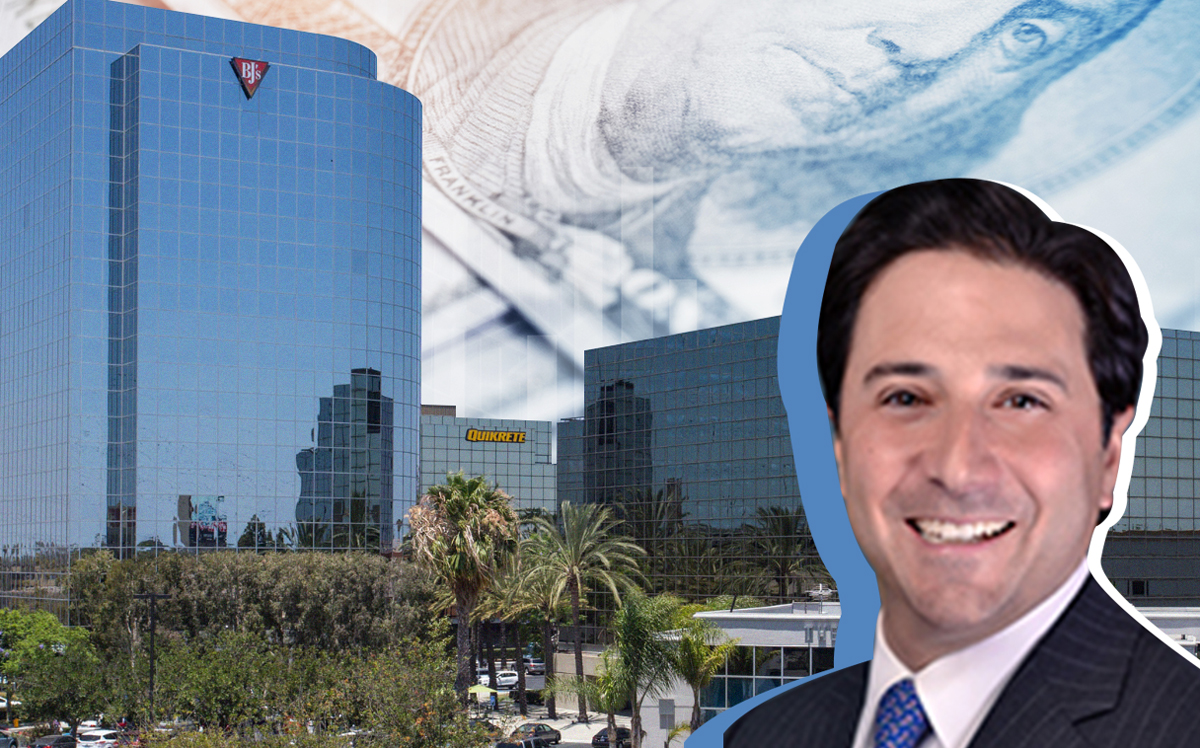 Ares CEO Michael Arougheti and 7777 center drive Huntington Beach (Credit: Ares Management, One Pacific Plaza, and iStock)