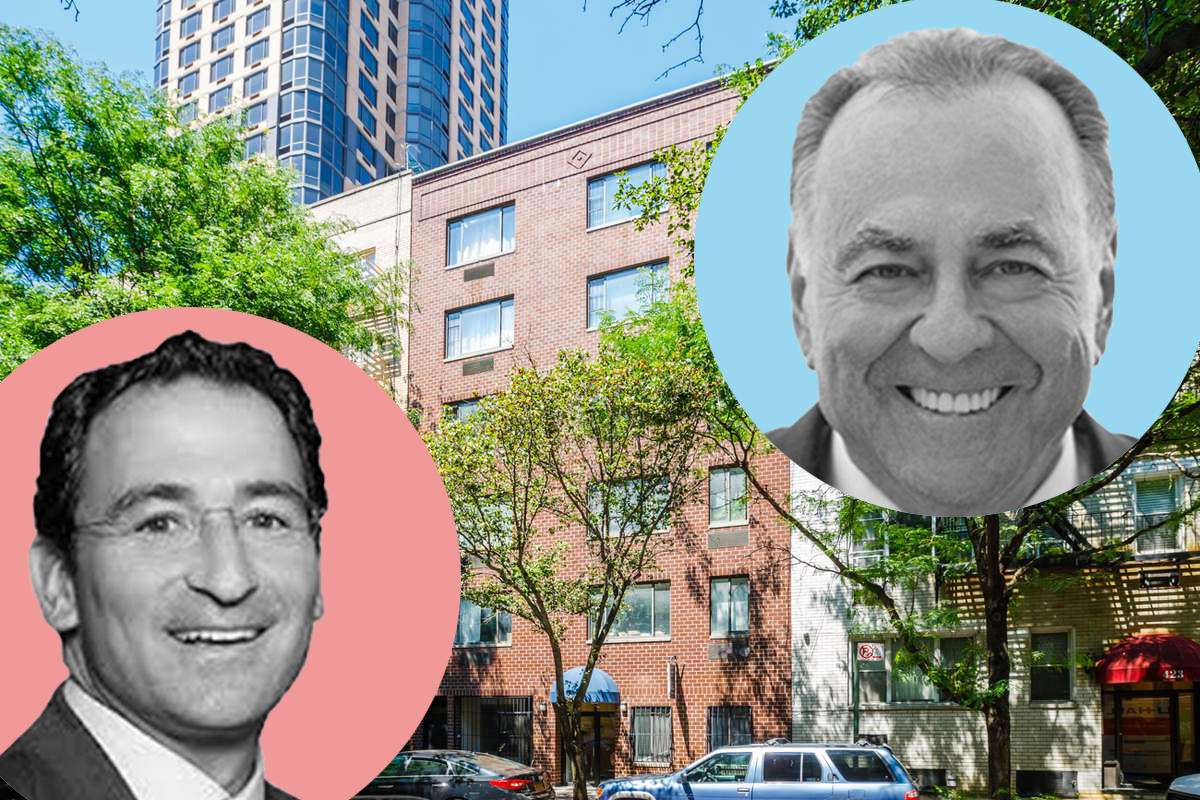 From left: Blackstone's Jon Gray (red), 417 East 83rd Street, and CBRE's Steve Siegel (blue) (Credit: Blackstone and CBRE)