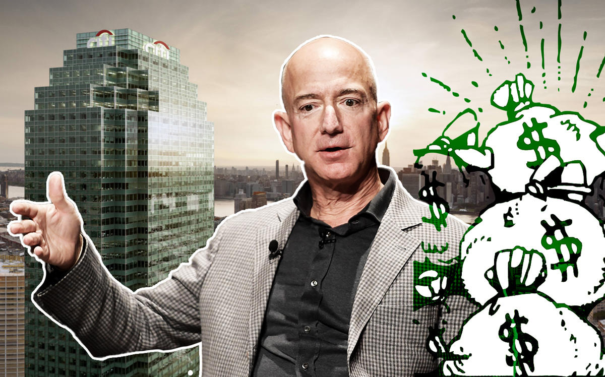 From left: One Court Square, Jeff Bezos, and a pile of cash (Credit: One Court Square and Getty Images)