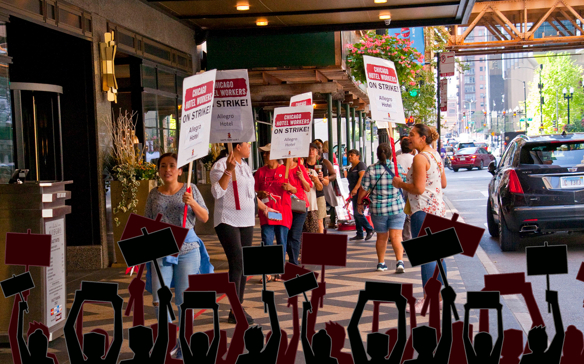 Unite Here workers demonstrate in front of the Allegro Hotel in Chicago (Credit: iStock)