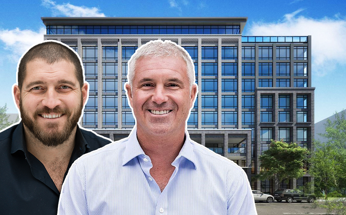 LG CEO Brian Goldberg (right) and COO Matt Wilke (left) and a rendering of 1220 West Jackson Boulevard (Credit: Twitter and LG Development)
