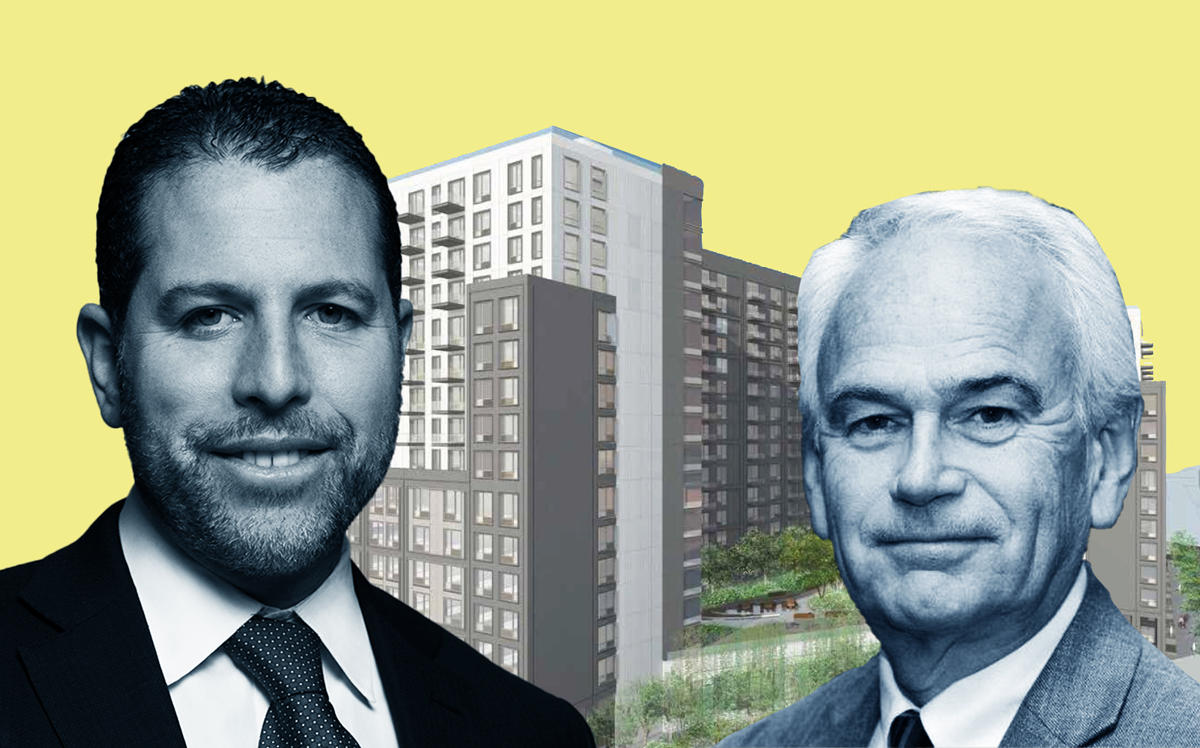 From left: Josh Zegen, renderings of 69-02 Queens Boulevard, and Councilman Robert Holden (Credit: Perkins Eastman Architects via Department of City Planning)