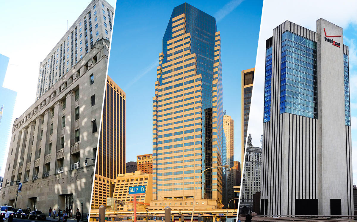 From left: 90 Church Street, 32 Old Slip and 375 Pearl Street (Credit: Living New Deal, RXR Realty, and Wikipedia)