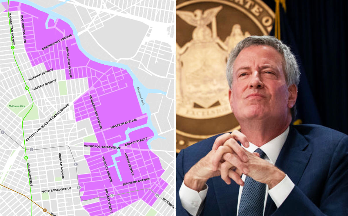 A map of rezoning area in North Brooklyn and Mayor Bill de Blasio (Credit: Getty Images)